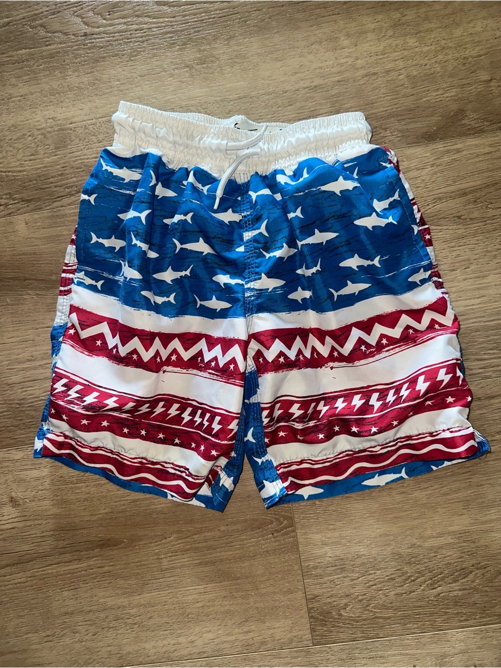Kids' Blue and Red Shark-Print Swim Trunks